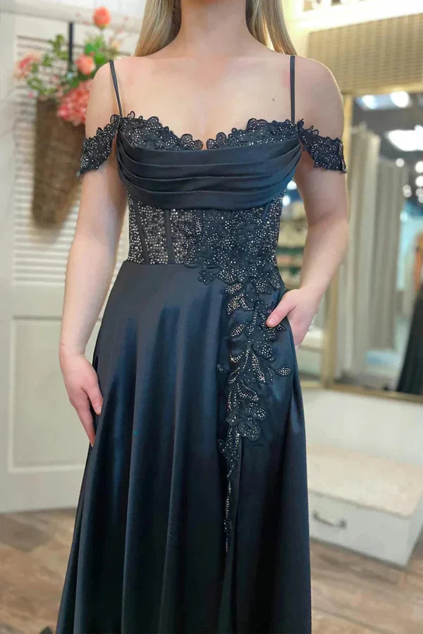 Vestido de fiesta con abertura en forma de A, hombros descubiertos, cuentas y bolsillos